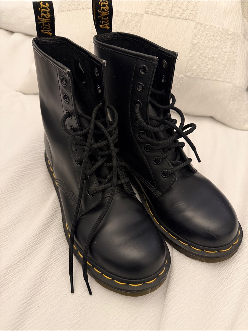 Dr. Martens Black Lace-Up Boots with Yellow Stitching